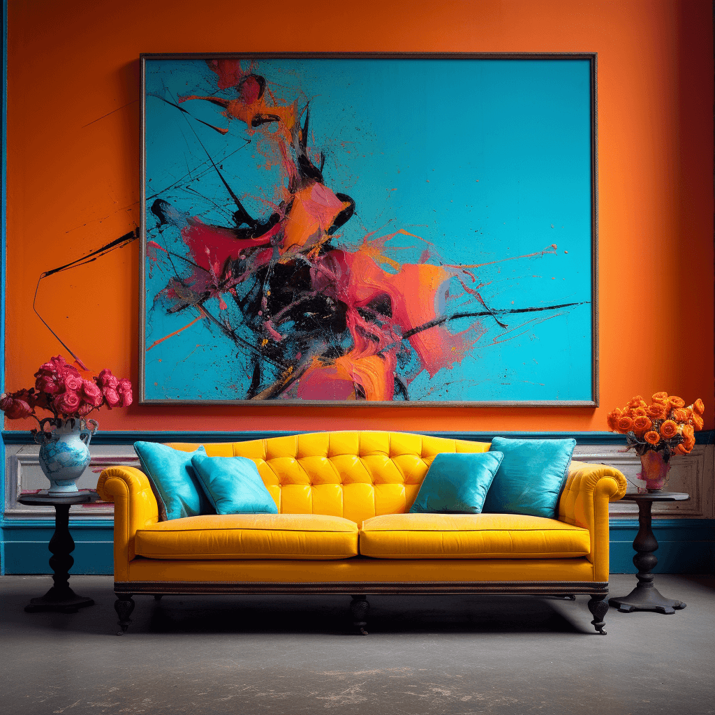 Home with color popping living room with colorful painting yellow couches with blue pillows
