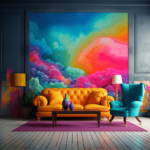 Home with color popping living room with colorful painting accent wall
