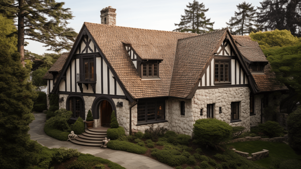 Tudor-Revival-Style-Stucco-Facade-Steep-Roof-Stucco-Wood-Medieval-Details-Dark-Tones-Behr-Natural-Historic