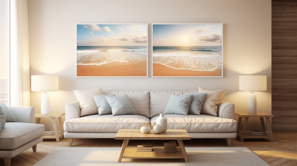 beach paintings hung above couches in the living room