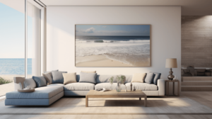 beach paintings. in a living room of a modern condo. a minimalist approach allows the stunning beach paintings to remain the focal point.