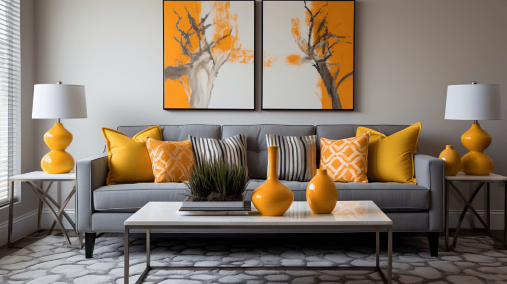 gray couch in living room orange hues
