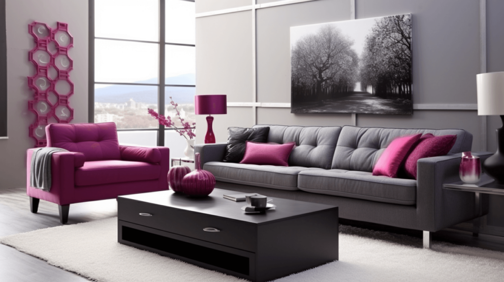 gray couch in living room magenta