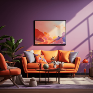 hue painting purple room orange couch